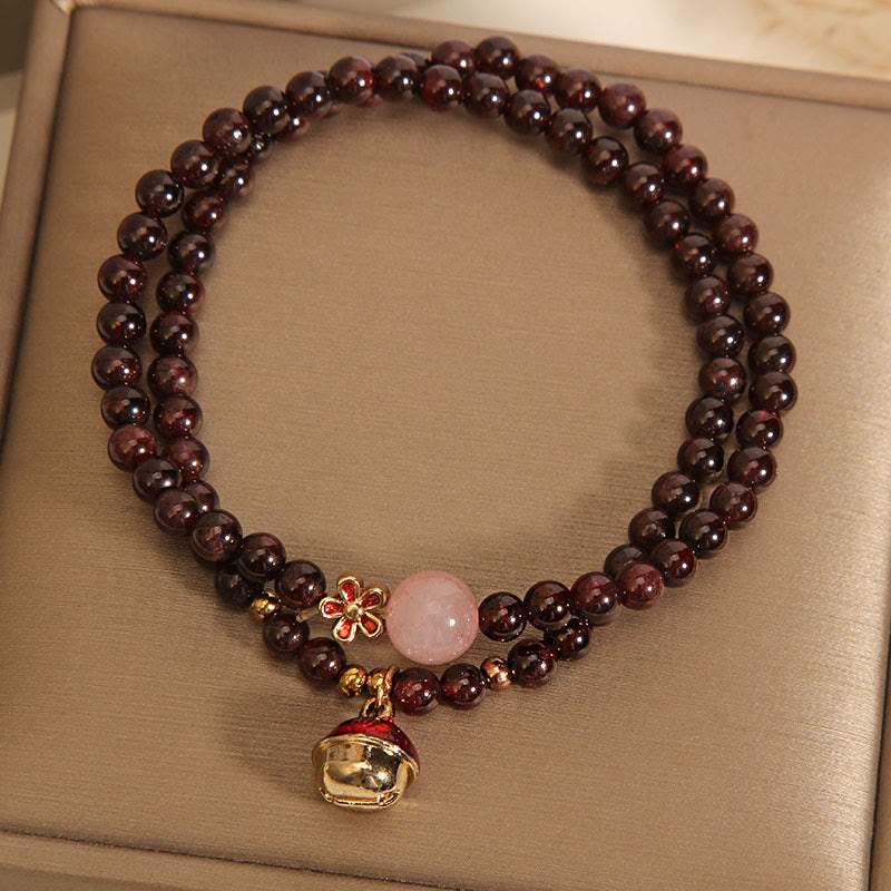 Buddha Stones Natural 3mm Ultra-thin Garnet Rose Quartz Beads Money Bag Bell Flower Protection Bracelet