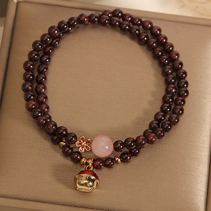 Buddha Stones Natural 3mm Ultra-thin Garnet Rose Quartz Beads Money Bag Bell Flower Protection Bracelet
