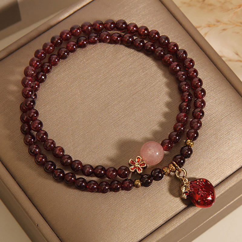 Buddha Stones Natural 3mm Ultra-thin Garnet Rose Quartz Beads Money Bag Bell Flower Protection Bracelet