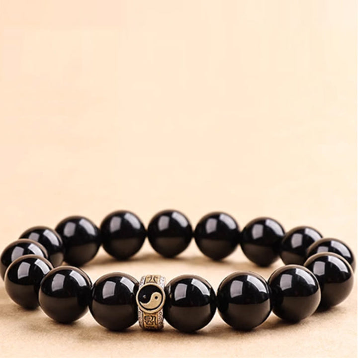Buddha Stones Black Obsidian Yin Yang Nine-Character Mantra Fulfilment Bracelet