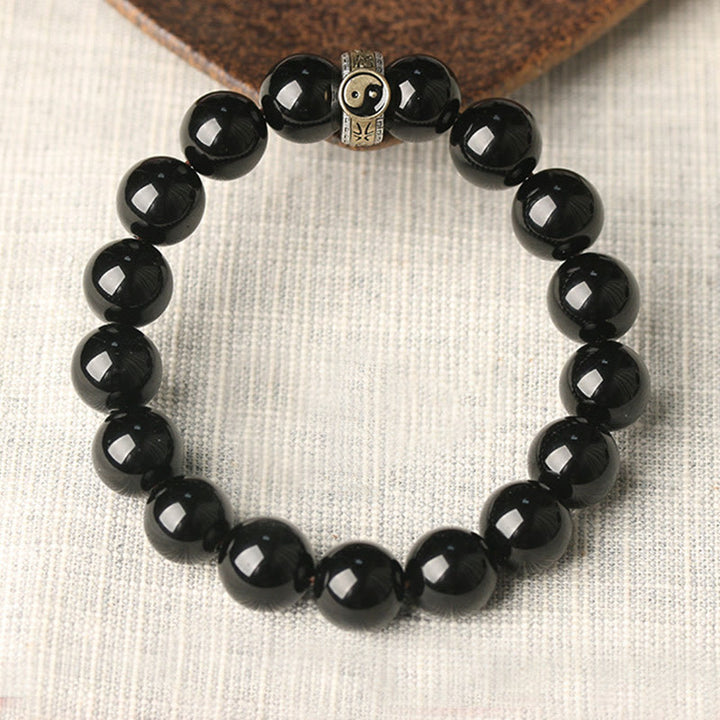Buddha Stones Black Obsidian Yin Yang Nine-Character Mantra Fulfilment Bracelet