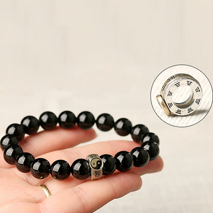 Buddha Stones Black Obsidian Yin Yang Nine-Character Mantra Fulfilment Bracelet