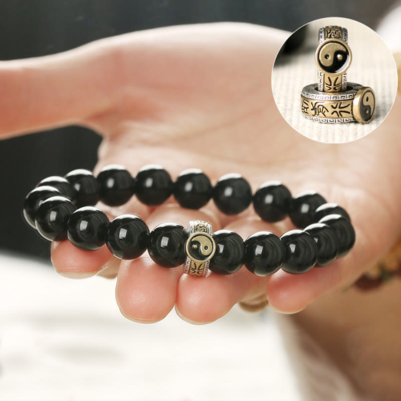 Buddha Stones Black Obsidian Yin Yang Nine-Character Mantra Fulfilment Bracelet