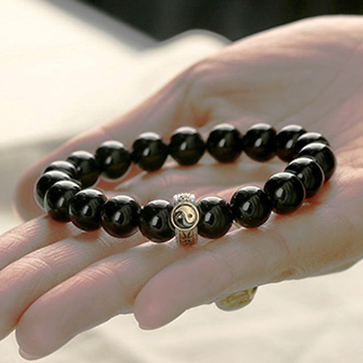 Buddha Stones Black Obsidian Yin Yang Nine-Character Mantra Fulfilment Bracelet