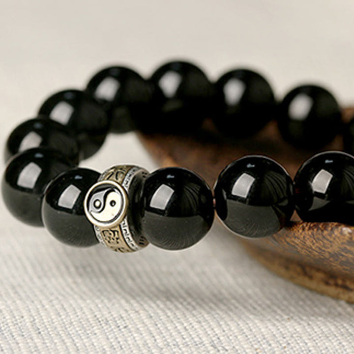 Buddha Stones Black Obsidian Yin Yang Nine-Character Mantra Fulfilment Bracelet