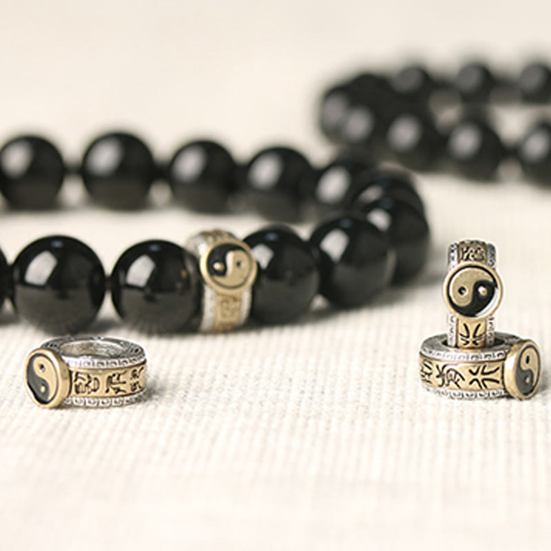 Buddha Stones Black Obsidian Yin Yang Nine-Character Mantra Fulfilment Bracelet