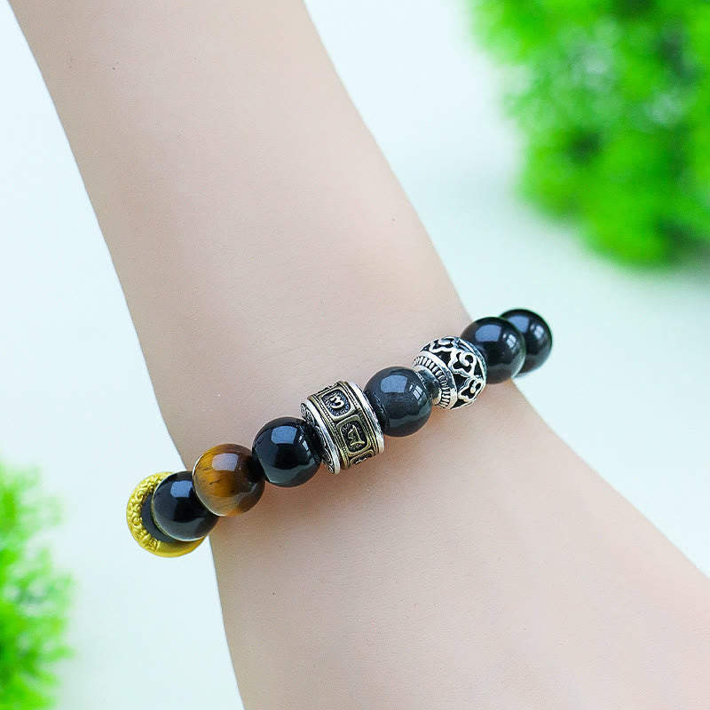 Buddha Stones Silver Sheen Obsidian Tiger Eye Om Mani Padme Hum Protection Bracelet