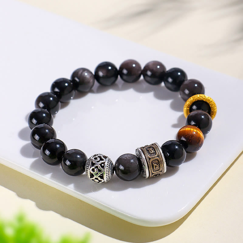 Buddha Stones Silver Sheen Obsidian Tiger Eye Om Mani Padme Hum Protection Bracelet