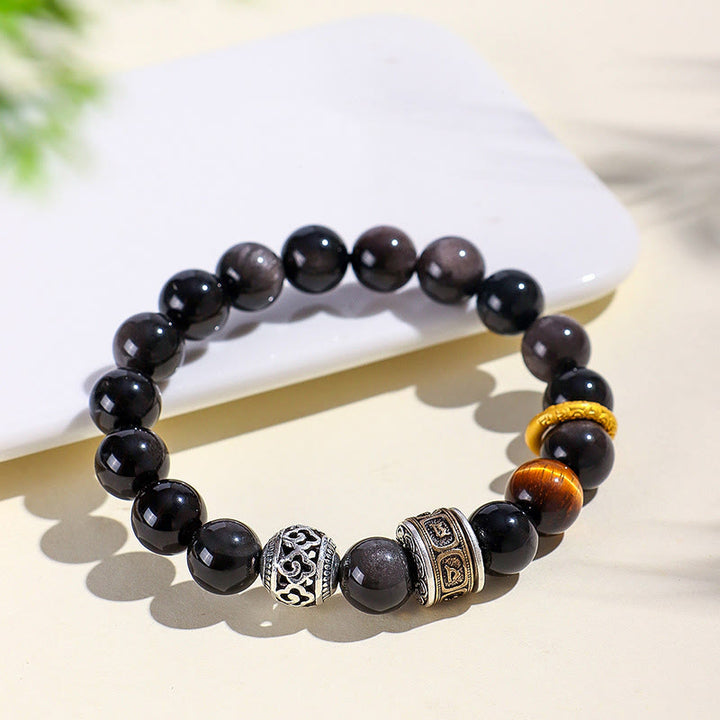 Buddha Stones Silver Sheen Obsidian Tiger Eye Om Mani Padme Hum Protection Bracelet