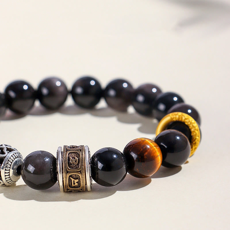 Buddha Stones Silver Sheen Obsidian Tiger Eye Om Mani Padme Hum Protection Bracelet