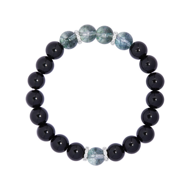 Buddha Stones 925 Sterling Silver Black Obsidian Green Phantom Strength Bracelet