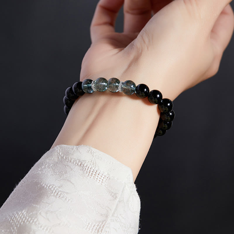 Buddha Stones 925 Sterling Silver Black Obsidian Green Phantom Strength Bracelet