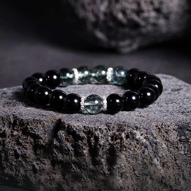 Buddha Stones 925 Sterling Silver Black Obsidian Green Phantom Strength Bracelet