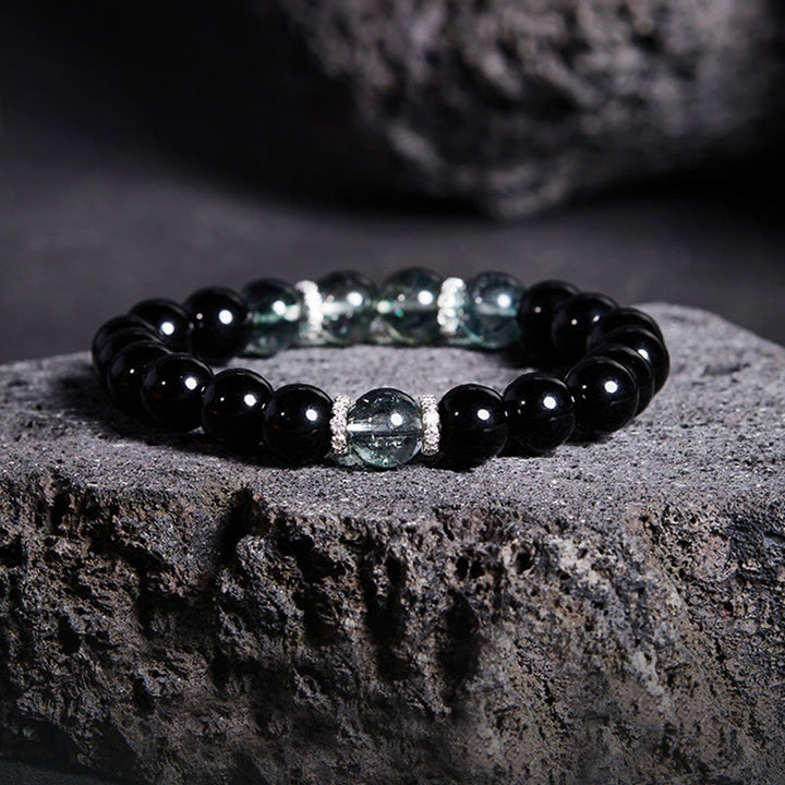 Buddha Stones 925 Sterling Silver Black Obsidian Green Phantom Strength Bracelet