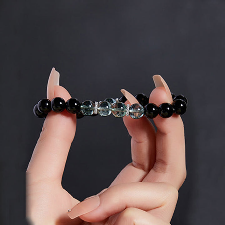 Buddha Stones 925 Sterling Silver Black Obsidian Green Phantom Strength Bracelet