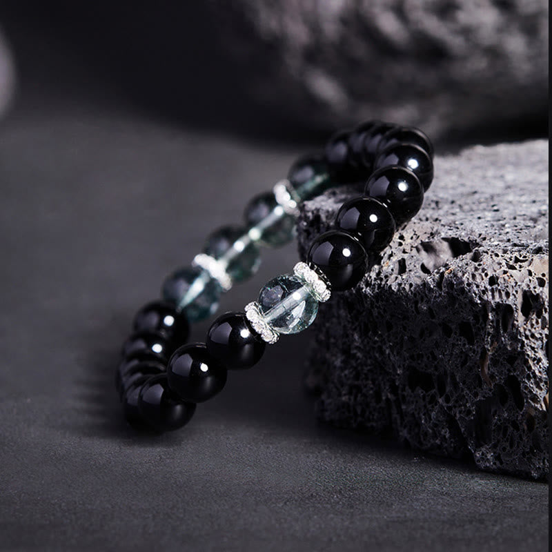 Buddha Stones 925 Sterling Silver Black Obsidian Green Phantom Strength Bracelet