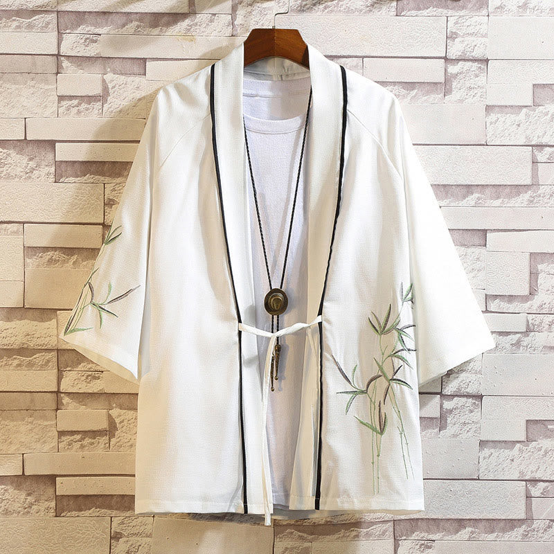 Buddha Stones Embroidery Dragon Phoenix Auspicious Cloud Waves Leaves Cranes Open Front Jacket Men's Kimono - Leaves-White - US/UK/AU46,EU56 (5XL) - image 16