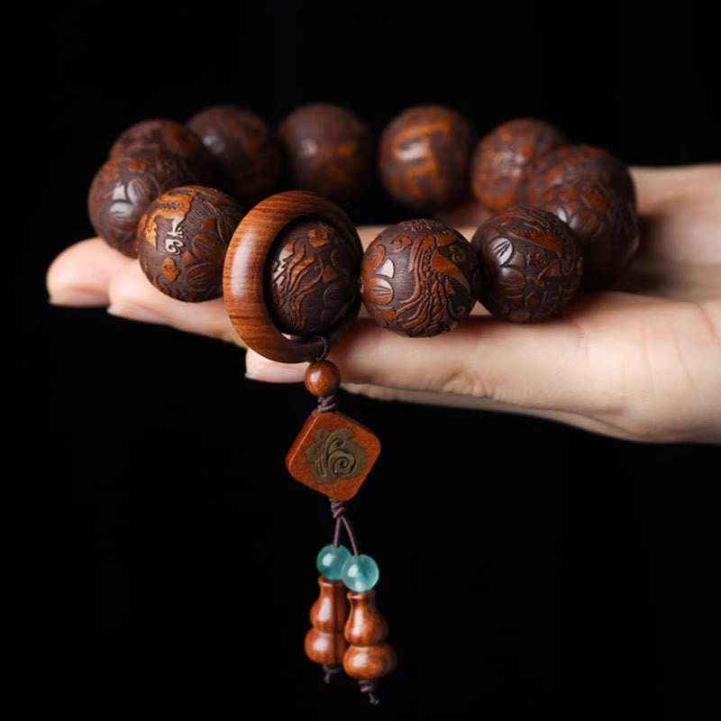 Buddha Stones Natural Carving Dragon And Phoenix Fu Character Gourd Rosewood Beads  Warmth Bracelet
