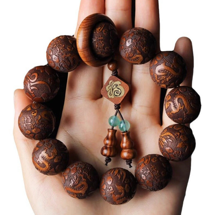 Buddha Stones Natural Carving Dragon And Phoenix Fu Character Gourd Rosewood Beads  Warmth Bracelet