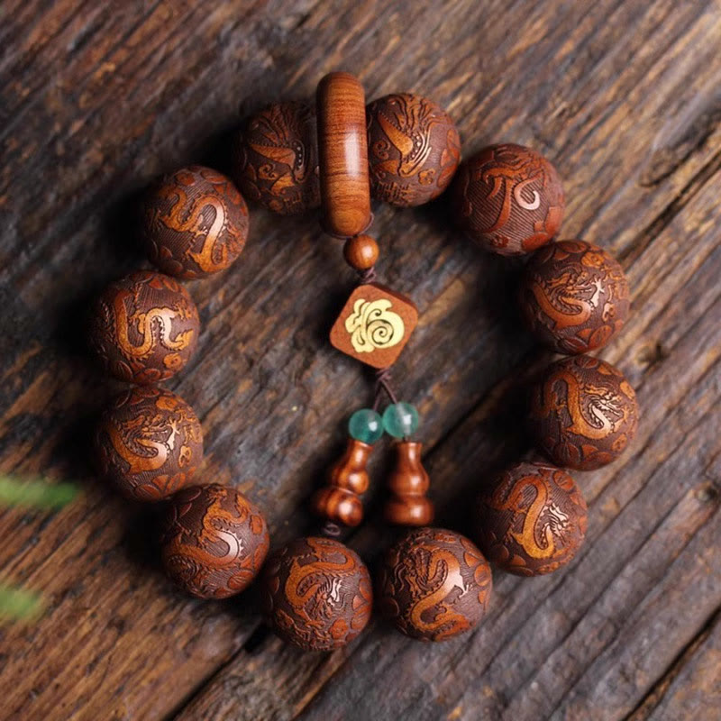 Buddha Stones Natural Carving Dragon And Phoenix Fu Character Gourd Rosewood Beads  Warmth Bracelet