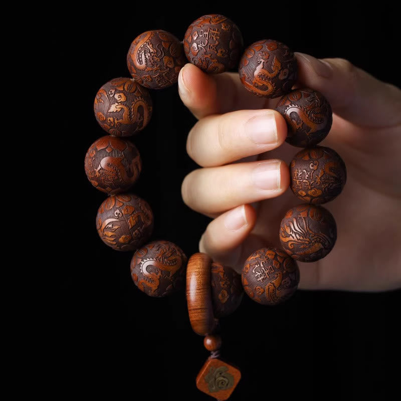 Buddha Stones Natural Carving Dragon And Phoenix Fu Character Gourd Rosewood Beads  Warmth Bracelet