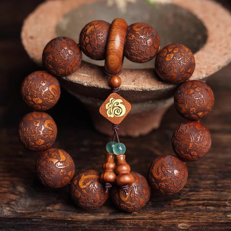 Buddha Stones Natural Carving Dragon And Phoenix Fu Character Gourd Rosewood Beads  Warmth Bracelet