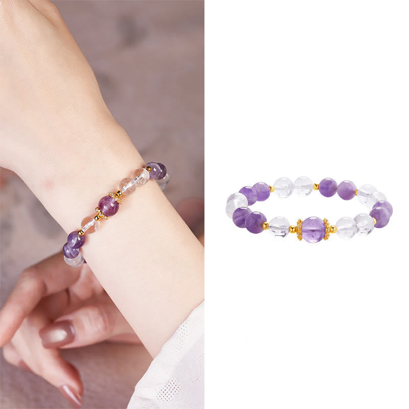 Buddha Stones 925 Sterling Silver Natural Amethyst White Crystal Balance Bracelet