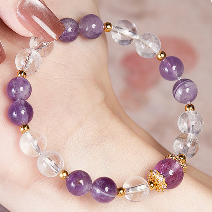 Buddha Stones 925 Sterling Silver Natural Amethyst White Crystal Balance Bracelet