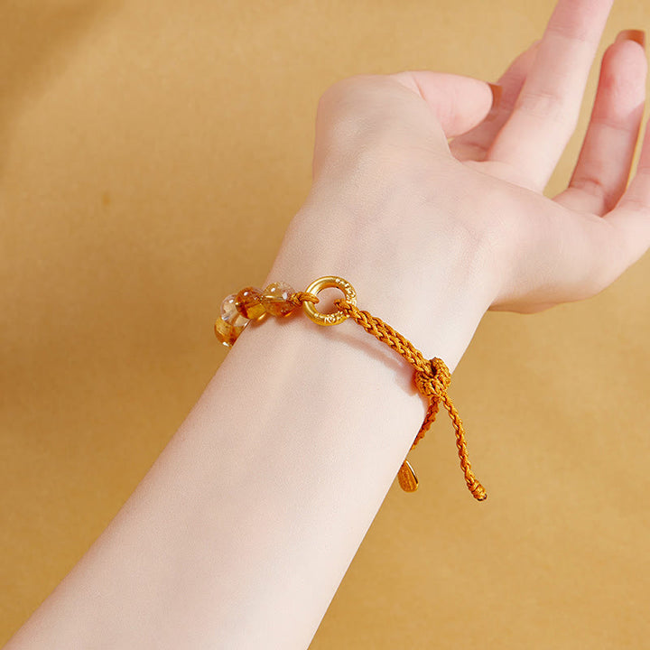 Buddha Stones 925 Sterling Silver Natural Citrine White Crystal Peace Buckle Meaning Fu Character Protection Braided String Bracelet