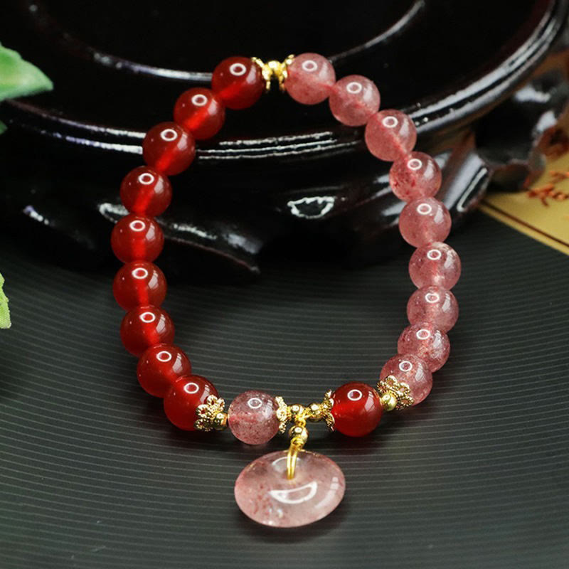 Buddha Stones Strawberry Quartz Red Agate Peace Buckle Positive Luck Bracelet - image 2