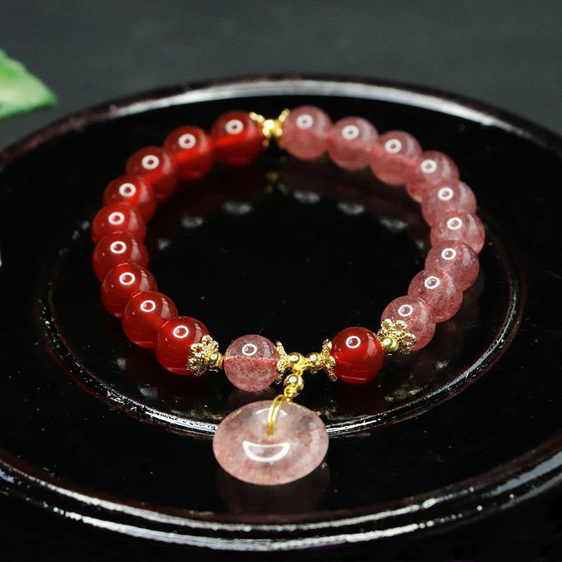 Buddha Stones Strawberry Quartz Red Agate Peace Buckle Positive Luck Bracelet - Strawberry Quartz & Red Agate(Wrist Circumference: 15-16cm) - image 1