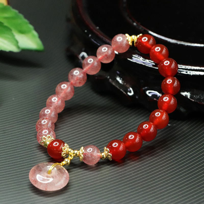 Buddha Stones Strawberry Quartz Red Agate Peace Buckle Positive Luck Bracelet - image 3