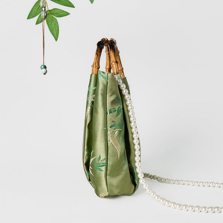 Buddha Stones Embroidery Leaves Bamboo Handle Pearl Crossbody Bag Hangbags