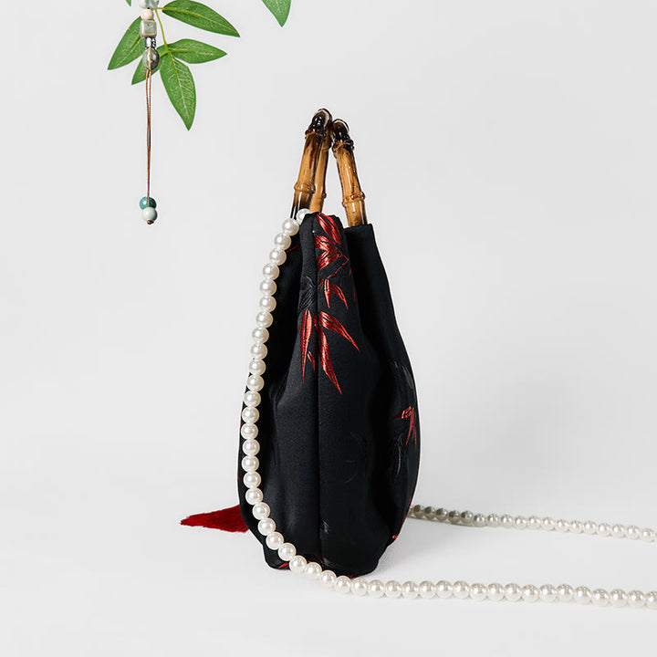 Buddha Stones Polyester Cotton Embroidery Leaves Bamboo Handle Pearl Crossbody Bag Hangbags