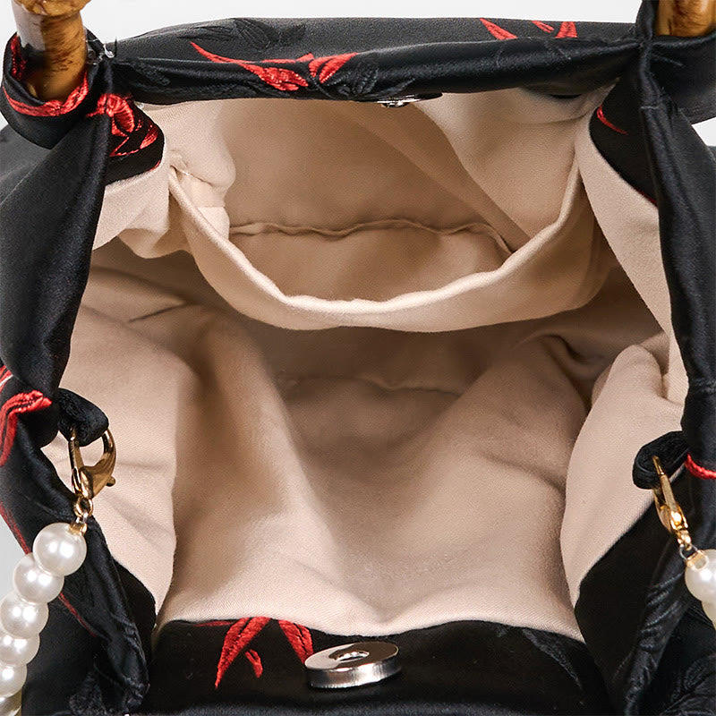 Buddha Stones Polyester Cotton Embroidery Leaves Bamboo Handle Pearl Crossbody Bag Hangbags