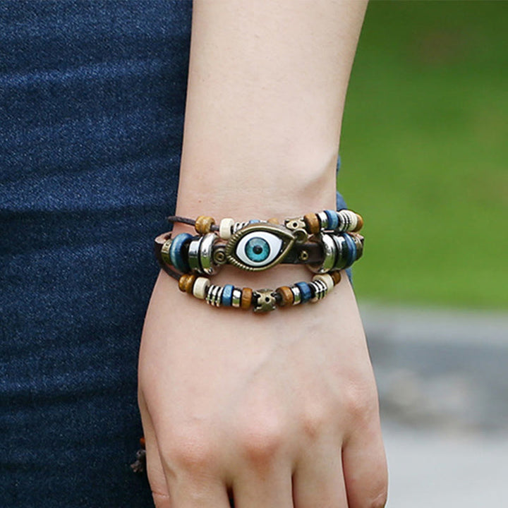 Buddha Stones Tibetan Evil Eye Leather Adjustable Protection Bracelet