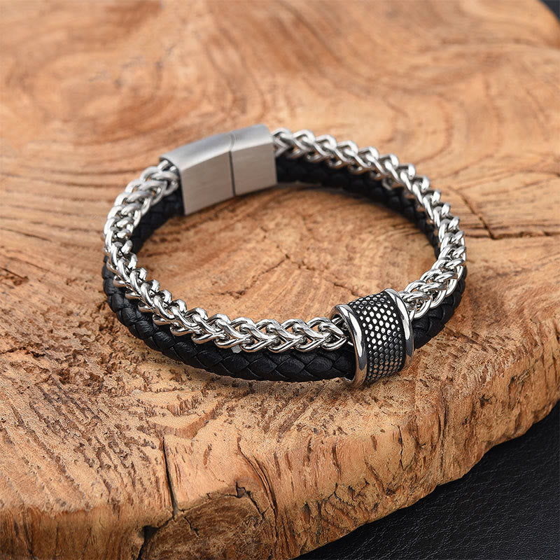 Buddha Stones Leather Double Layer Titanium Steel Balance Magnetic Buckle Bracelet - Titanium Steel - image 1