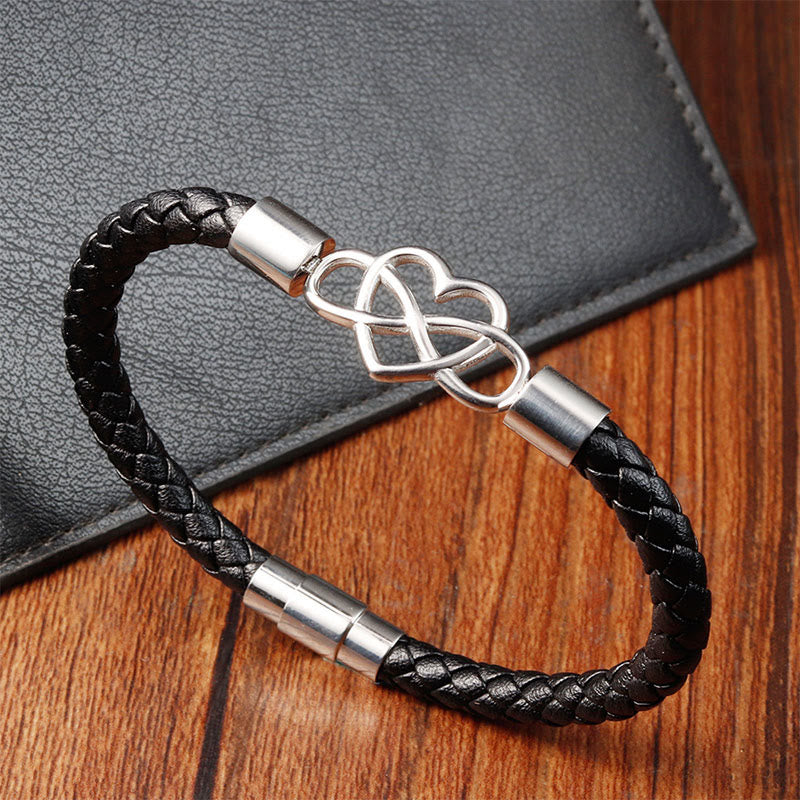 Buddha Stones Endless Knot Heart Leather Titanium Steel Strength Buckle Bracelet - image 2