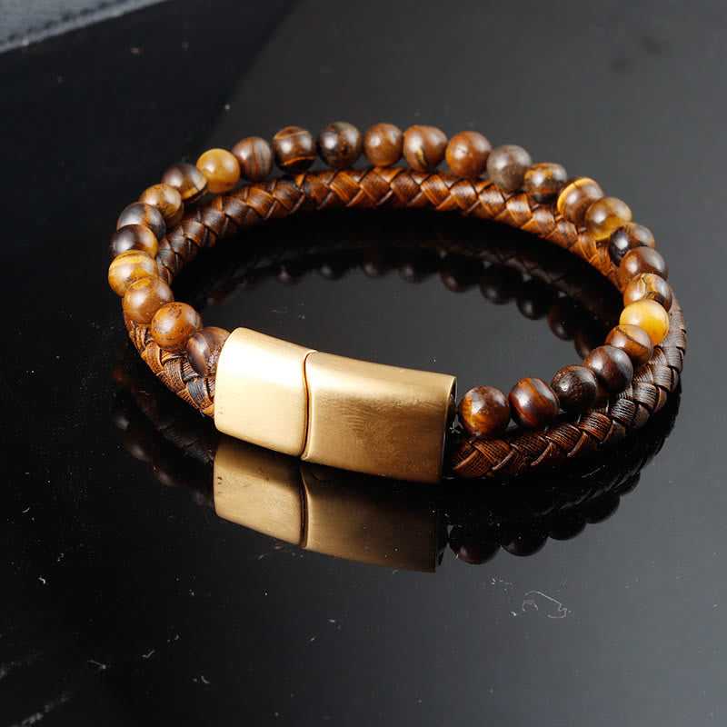 Buddha Stones Multi-layer Woven Tiger Eye Stone Beads Leather Titanium Steel Strength Buckle Bracelet - image 2