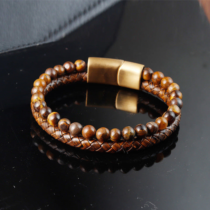 Buddha Stones Multi-layer Woven Tiger Eye Stone Beads Leather Titanium Steel Strength Buckle Bracelet - Tiger Eye(Wrist Circumference: 17-19cm) - image 1