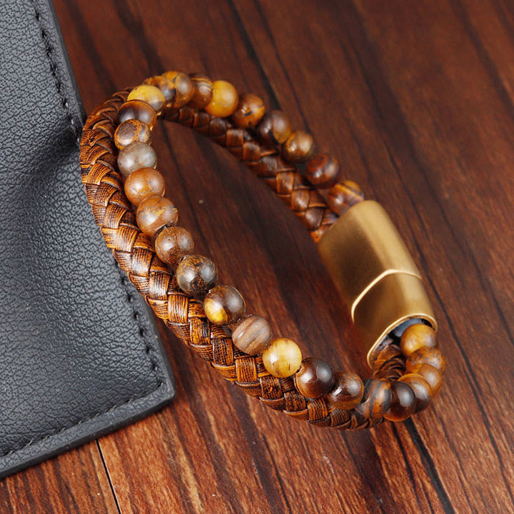 Buddha Stones Multi-layer Woven Tiger Eye Stone Beads Leather Titanium Steel Strength Buckle Bracelet - image 3