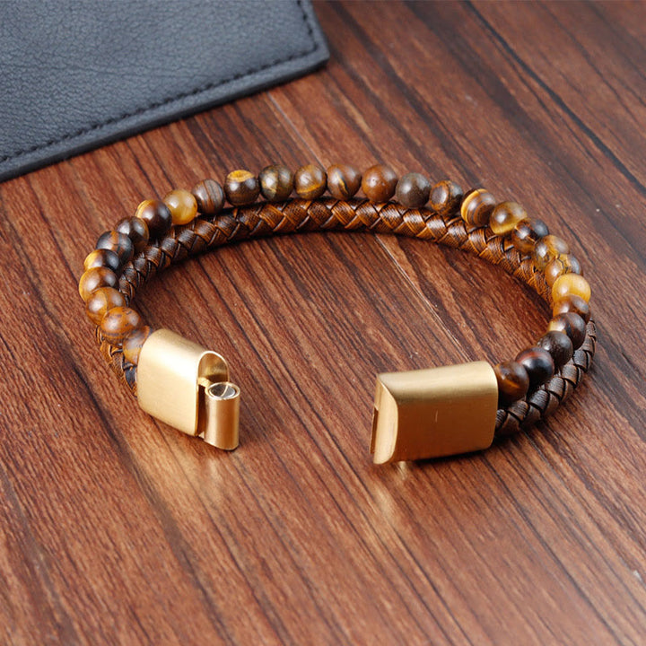 Buddha Stones Multi-layer Woven Tiger Eye Stone Beads Leather Titanium Steel Strength Buckle Bracelet - image 6