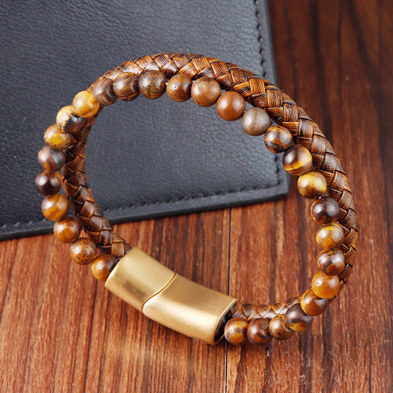 Buddha Stones Multi-layer Woven Tiger Eye Stone Beads Leather Titanium Steel Strength Buckle Bracelet - image 4