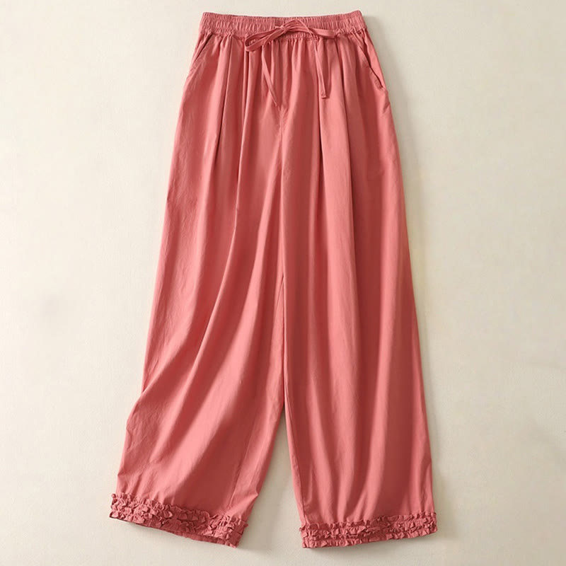 Buddha Stones Casual Ruffle Hem Patchwork Design Drawstring Ankle-length Women's Cotton Pants With Pockets - Tomato - US12,UK/AU16,EU44 (2XL) - image 1