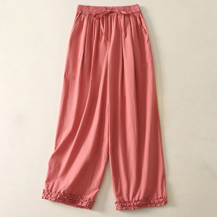 Buddha Stones Casual Ruffle Hem Patchwork Design Drawstring Ankle-length Women's Cotton Pants With Pockets - Tomato - US12,UK/AU16,EU44 (2XL) - image 1