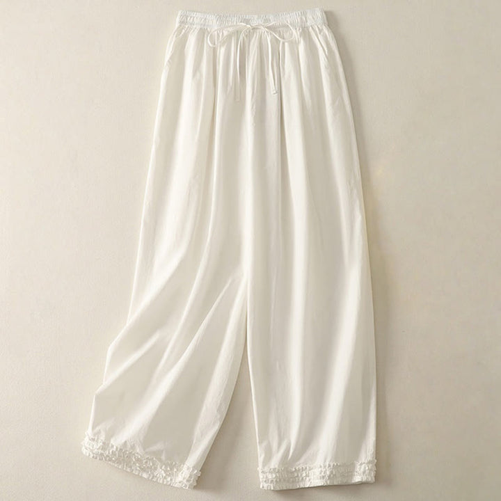 Buddha Stones Casual Ruffle Hem Patchwork Design Drawstring Ankle-length Women's Cotton Pants With Pockets - White - US12,UK/AU16,EU44 (2XL) - image 6