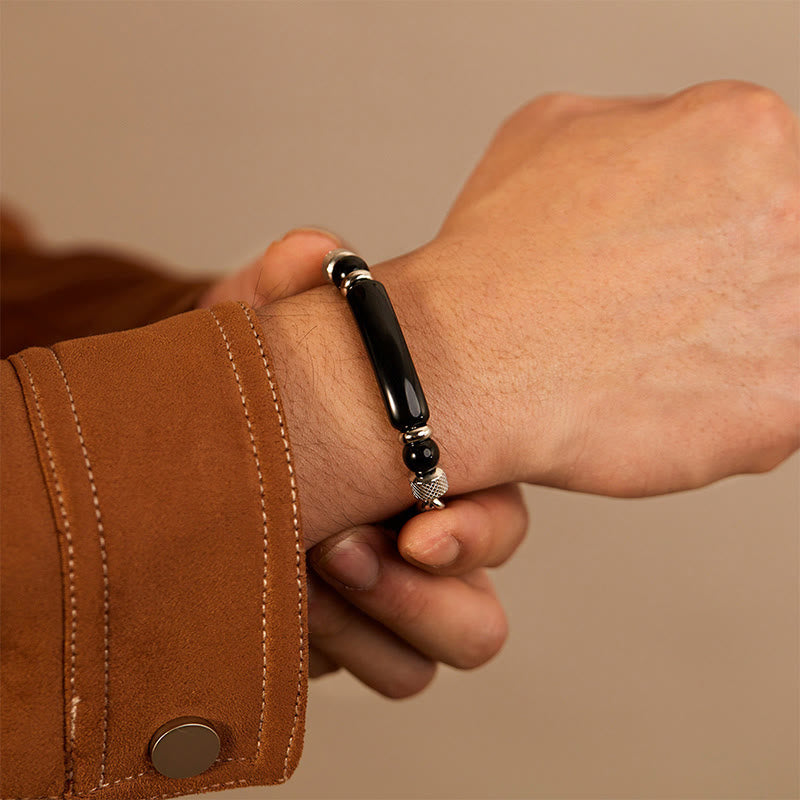 Buddha Stones Tiger Eye Black Obsidian Stone Titanium Steel Strength Buckle Bracelet