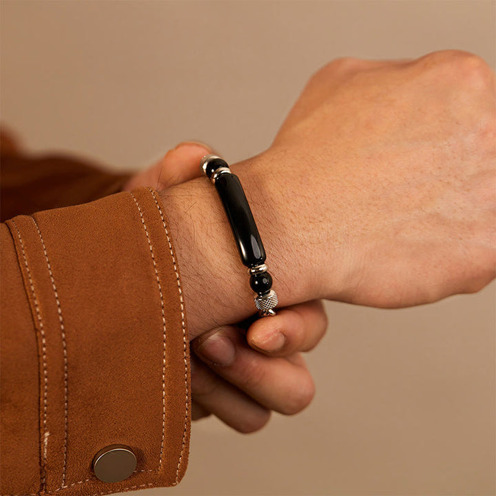 Buddha Stones Tiger Eye Black Obsidian Stone Titanium Steel Strength Buckle Bracelet