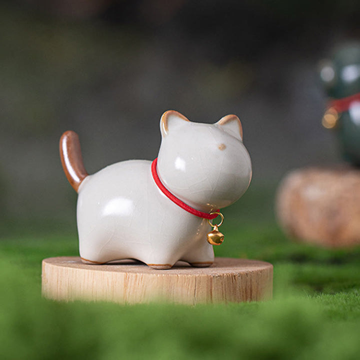 Buddha Stones Mini Lucky Cute Standing Cat Red Rope Bell Ceramic Figurine Decoration - image 4