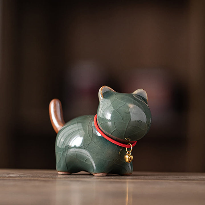 Buddha Stones Mini Lucky Cute Standing Cat Red Rope Bell Ceramic Figurine Decoration - Green(7.6*3.9*5.6cm) - image 14